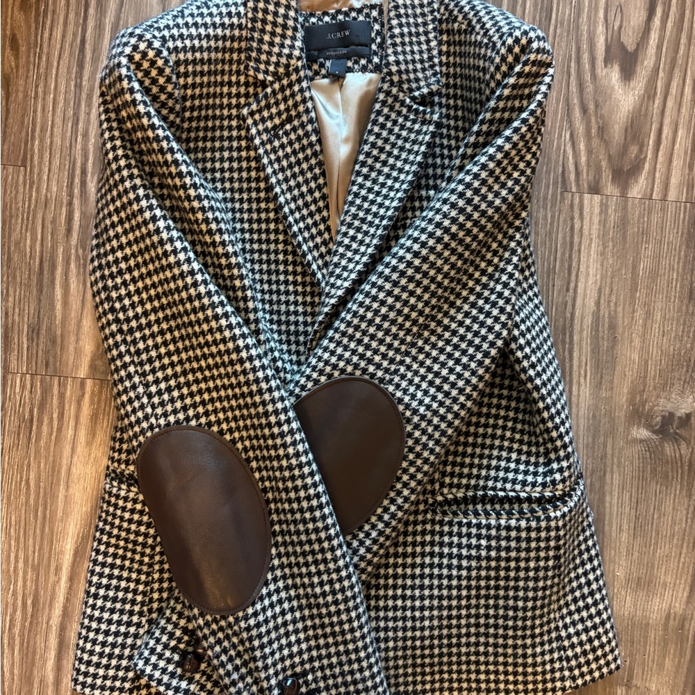 J. Crew Black and White Houndstooth Blazer with Brown Elbow Patches